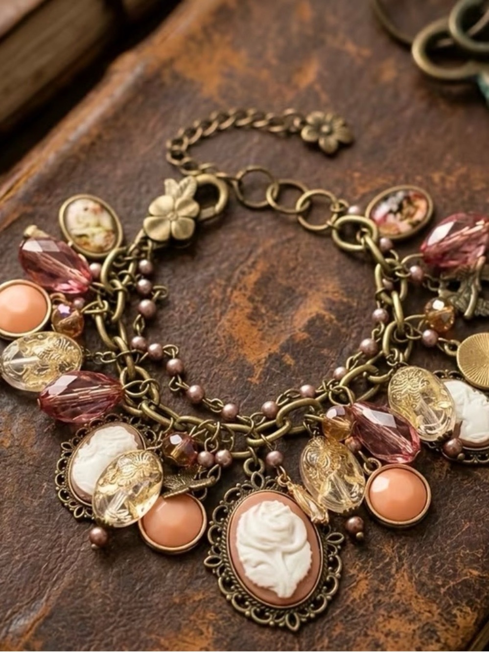 Vintage-Inspired Pink Cameo Charm Bracelet - Women Jewelry